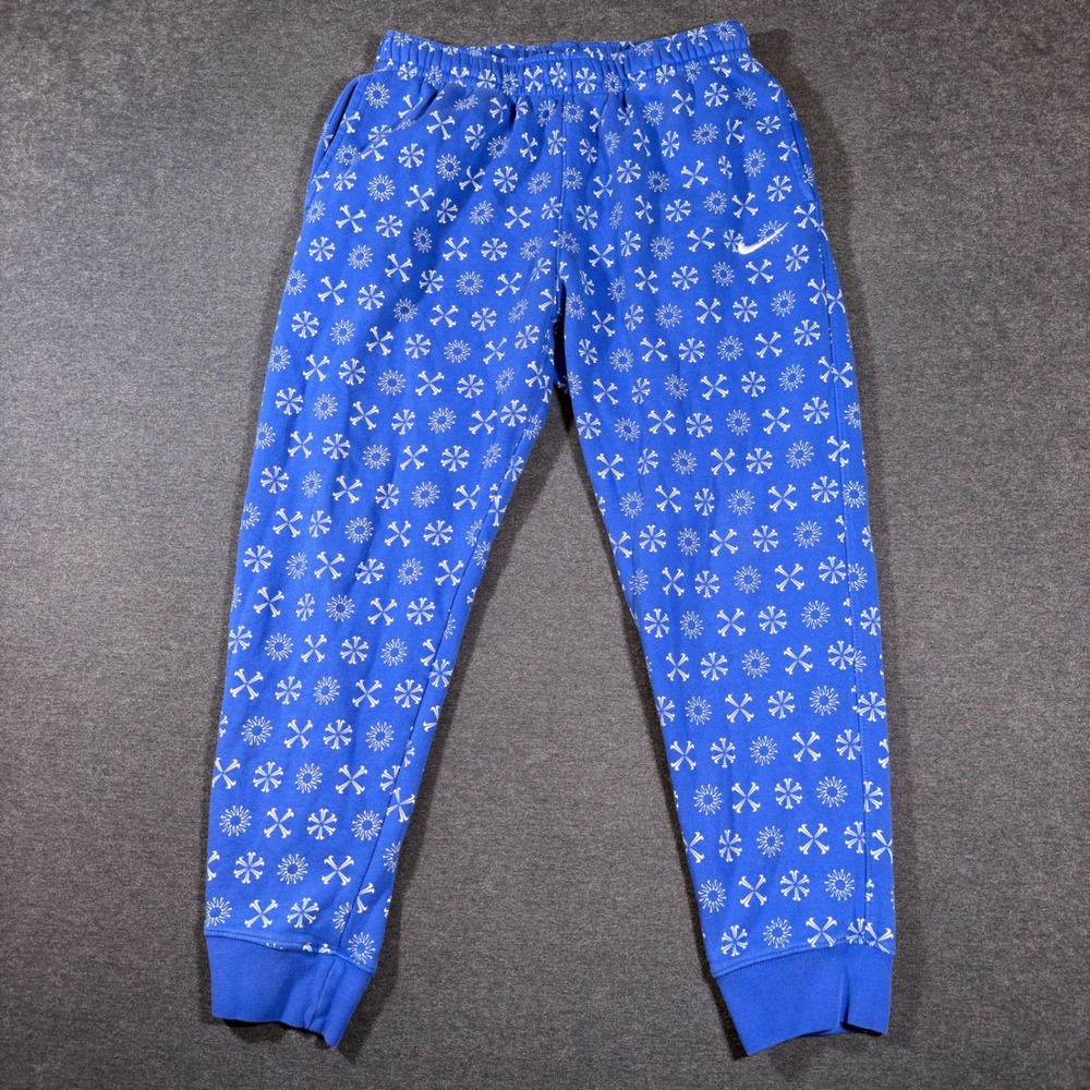 Nike Sweatpants Mens L Blue White Swoosh Print Club Fleece Joggers Casual Gym